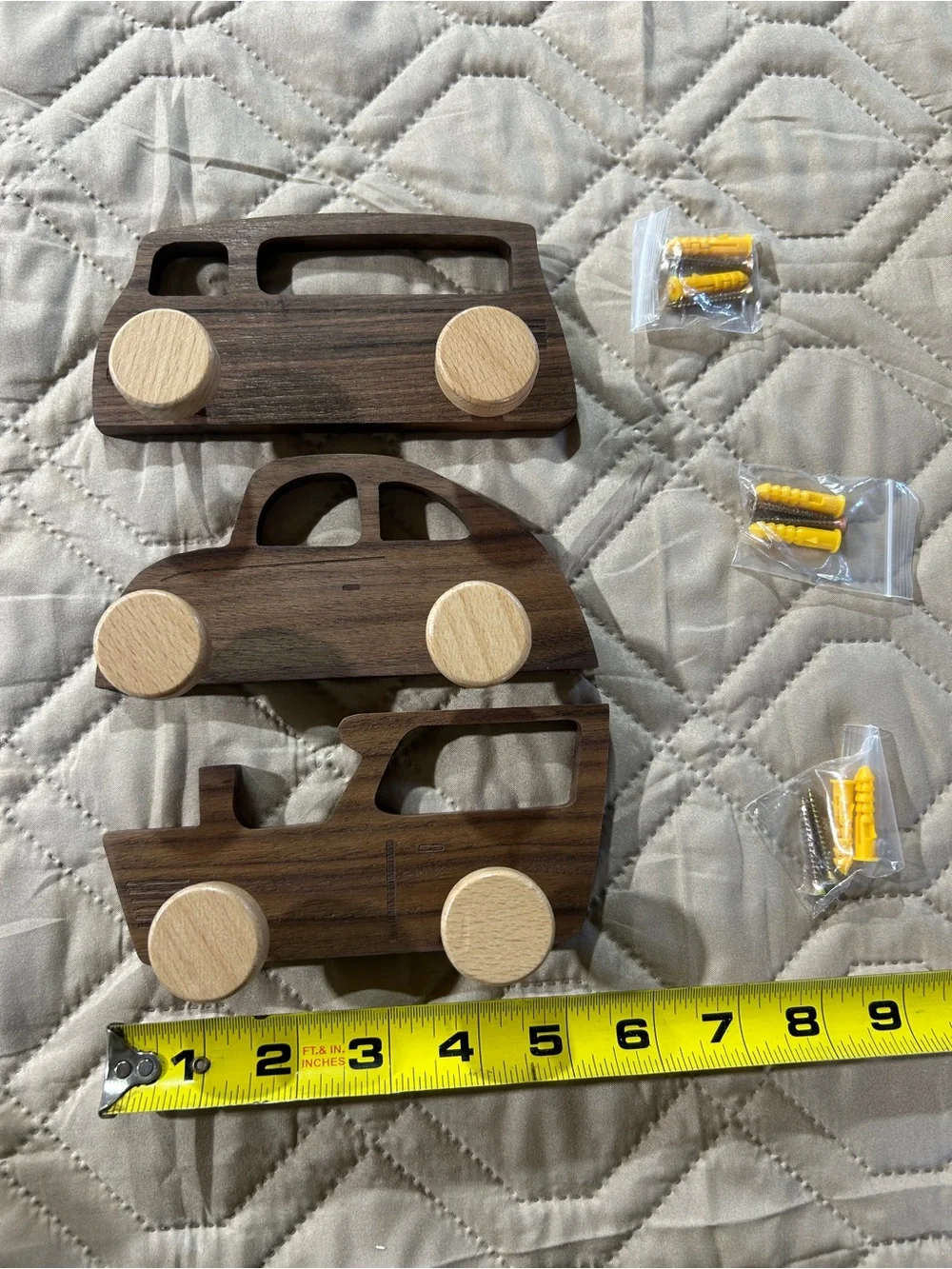 Wooden Car Wall Hooks - Natural Brown & Light Wood Wheels